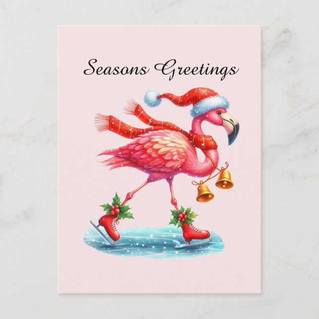 Seasons greetings pink flamingo  holiday postcard (Front)