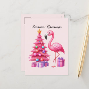 Seasons Greetings pink flamingo Holiday Postcard