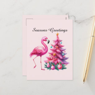 Seasons greetings pink flamingo holiday postcard