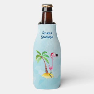 Seasons Greetings Pink Flamingo in Santa Hat Bottle Cooler