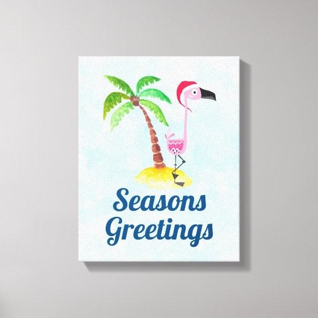Seasons Greetings Pink Flamingo in Santa Hat Canvas Print (Front)