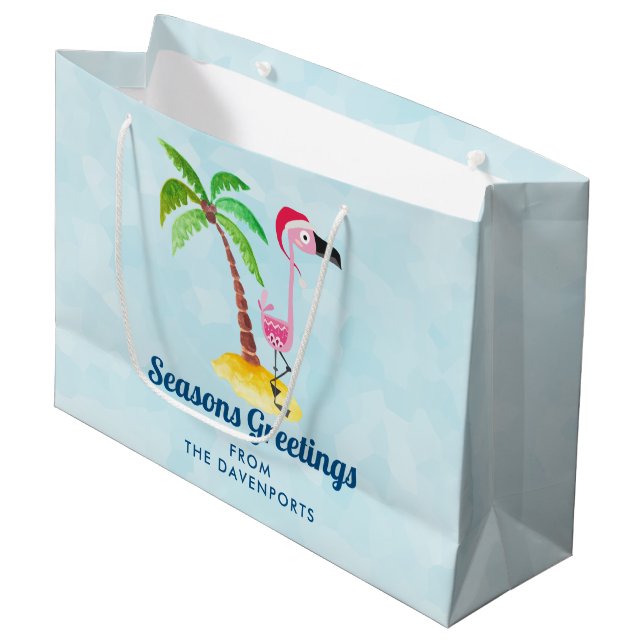 Seasons Greetings Pink Flamingo in Santa Hat Large Gift Bag (Front Angled)
