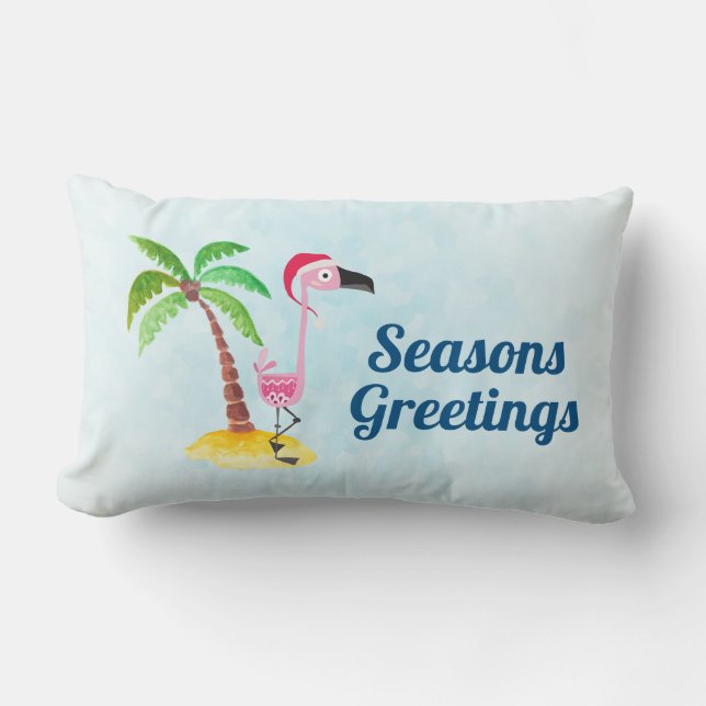 Seasons Greetings Pink Flamingo in Santa Hat Lumbar Pillow (Front)