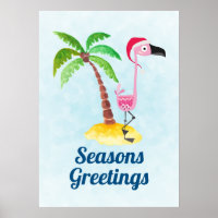 Seasons Greetings Pink Flamingo in Santa Hat