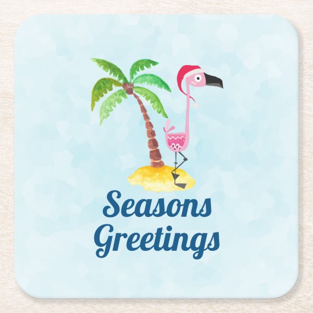 Seasons Greetings Pink Flamingo in Santa Hat Square Paper Coaster (Front)