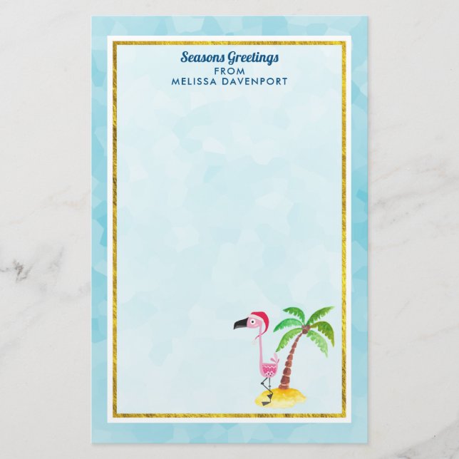 Seasons Greetings Pink Flamingo in Santa Hat Stationery (Front)