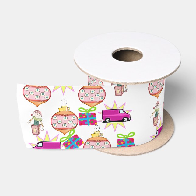 Seasons Greetings, Pink  Merry Christmas  Ribbon Satin Ribbon (Spool)