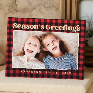 Season's Greetings Plaid Pattern Family Photo Holiday Postcard