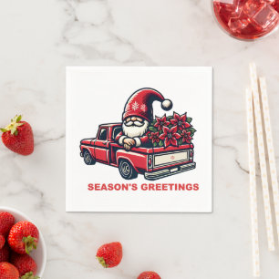 Season's Greetings Poinsettia Gnome In Red Truck Napkin