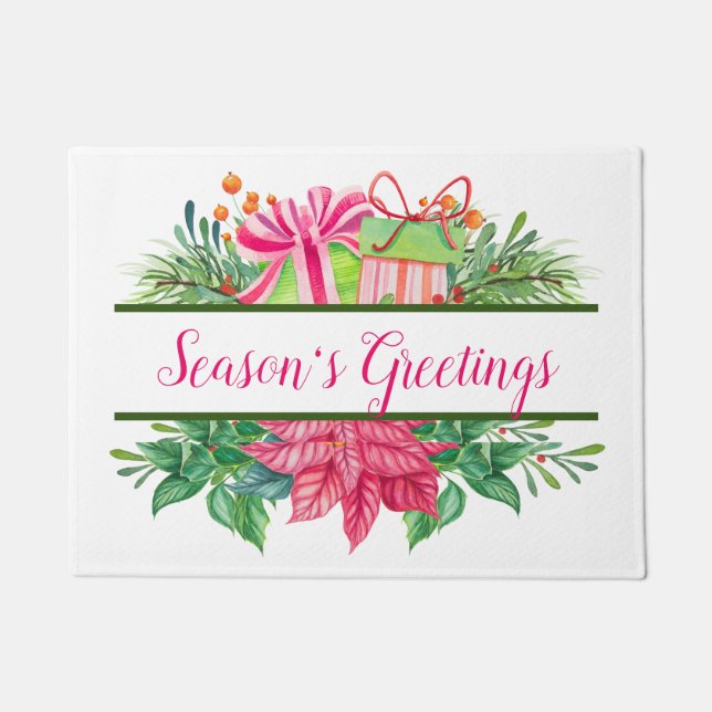 Season's Greetings | Pointsettias & Holiday Greens Doormat (Front)