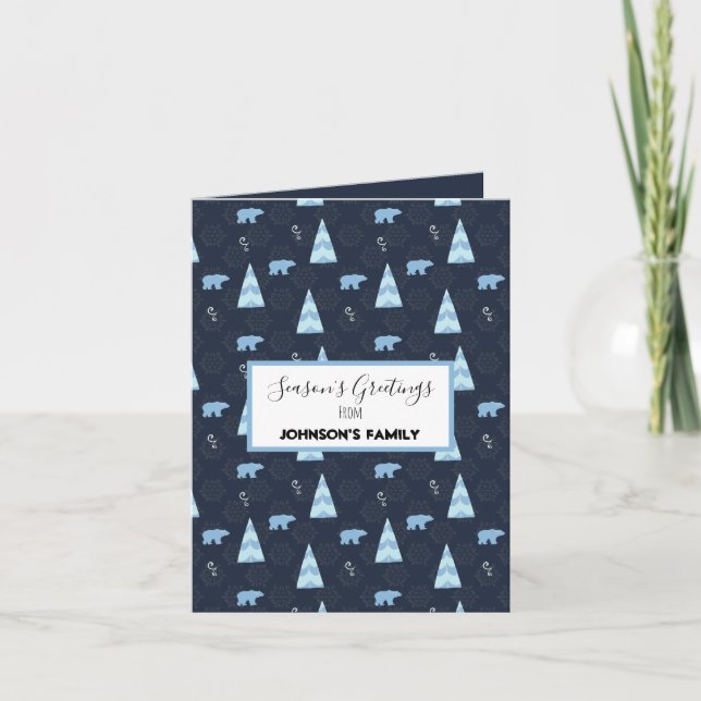 Season's  greetings polar bears pattern dark blue holiday card (Front)