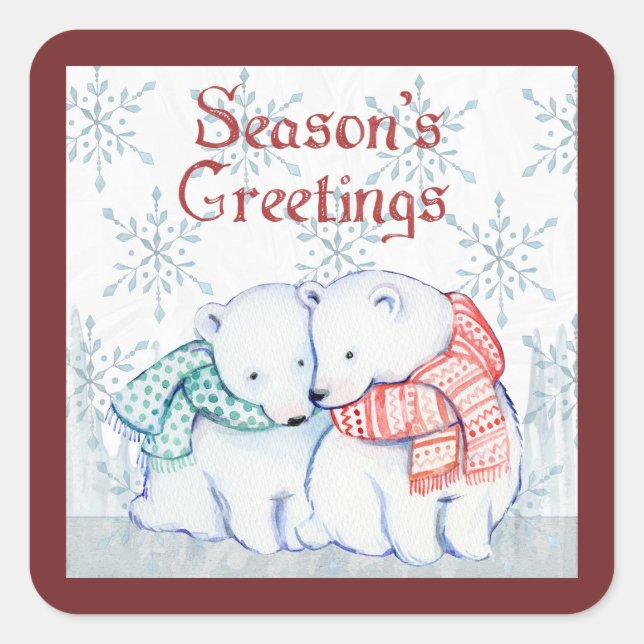 Season's Greetings Polar Bears Square Sticker (Front)
