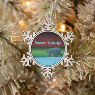 Season's Greetings - Polar Lights Polar Bear Snowflake Pewter Christmas Ornament