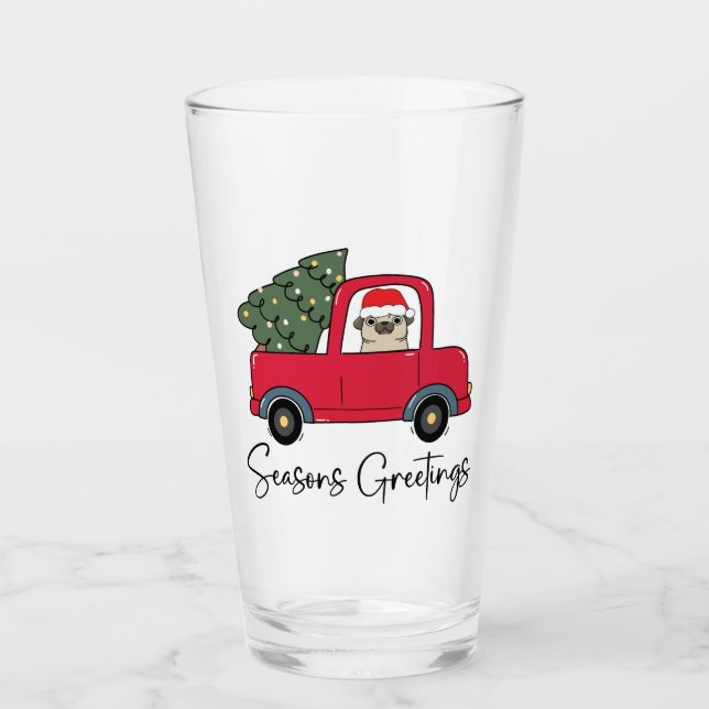 Season's Greetings Pug With Christmas Tree Glass (Front)
