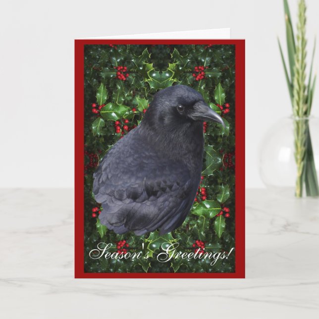 "Season's Greetings" Raven Wildlife Xmas Card (Front)