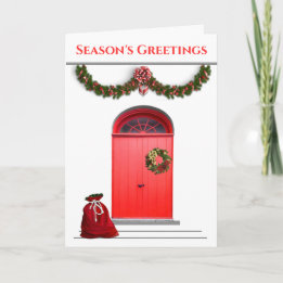 Season's Greetings Red Doors Garland Santa Bag Holiday Card