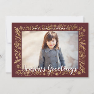Seasons Greetings Red & Gold Foliage & Snowflakes Holiday Card