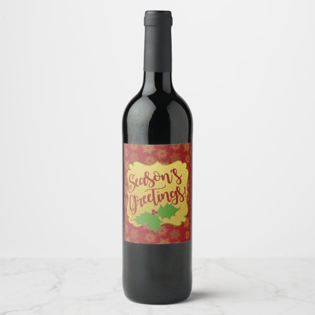 Season's Greetings! Red Gold Snowflakes Label (Front)