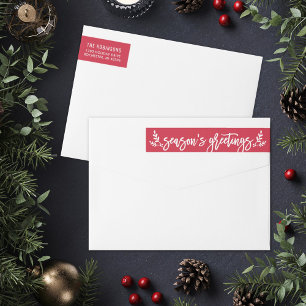 Season's Greetings Red Modern Script Address Wrap Around Label