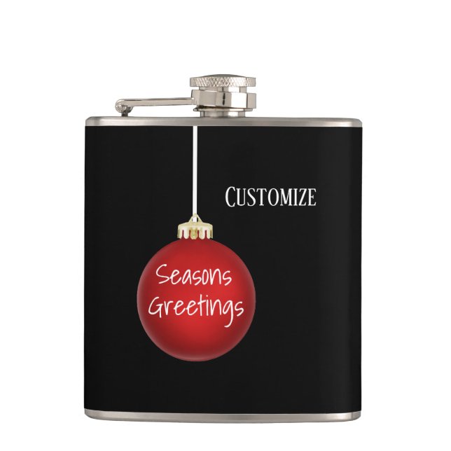 Seasons Greetings Red Ornament Vinyl Wrapped Flask (Front)