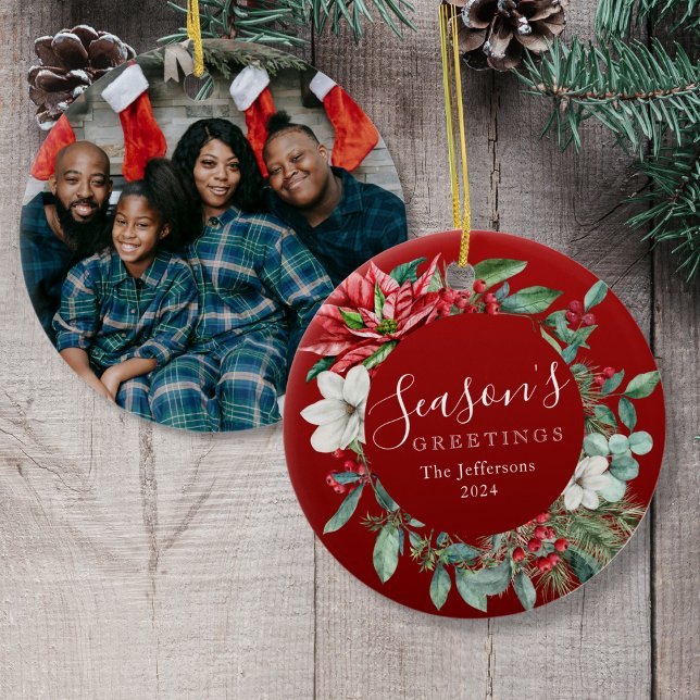 Season's Greetings Red Poinsettia Photo Christmas Ceramic Ornament (Season's Greetings Red Poinsettia Photo Christmas Ceramic Ornament
)
