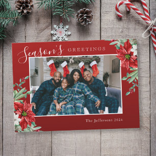 Season's Greetings Red Poinsettia Photo Christmas Holiday Card