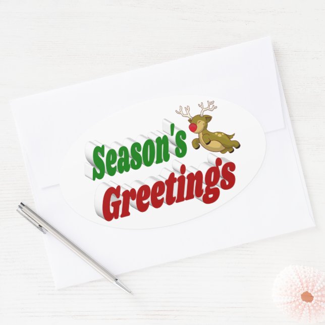 Seasons Greetings Reindeer Christmas typography Oval Sticker (Envelope)