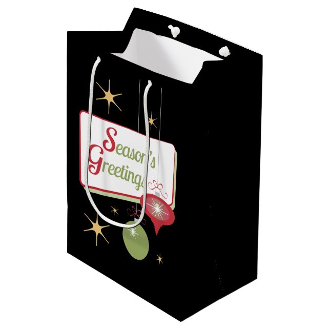 Season's Greetings Retro Style Black Christmas Medium Gift Bag (Front Angled)