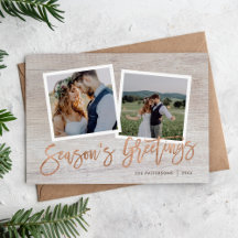 Season's Greetings Rustic Rose Gold Script Photo