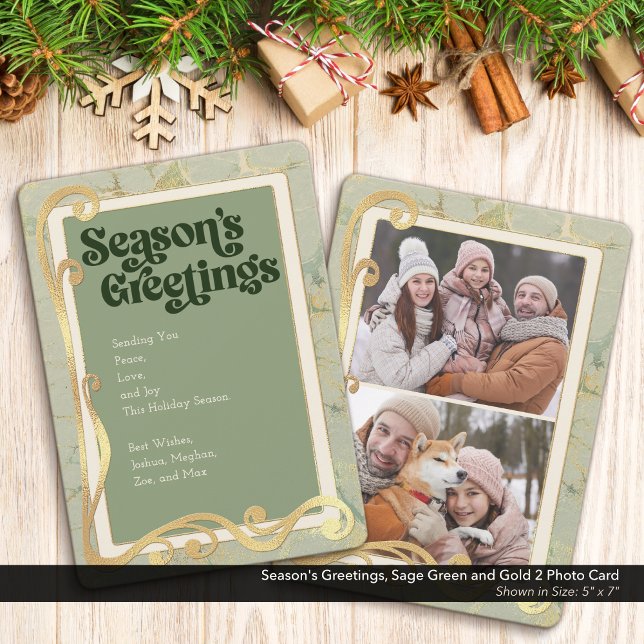 Season's Greetings Sage Green & Gold 2 Photo Card (Season's Greetings, Sage Green and Gold Holiday Two (2) Photo Greeting Card)