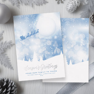 Season's Greetings Santa Script Blue Snow Real Foil Holiday Card