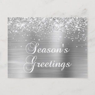 Season's Greetings Silver Glittery Faux Foil Holiday Postcard