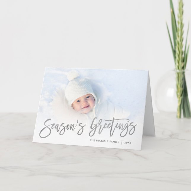 Season's Greetings Silver Script Photo Overlay Holiday Card (Front)