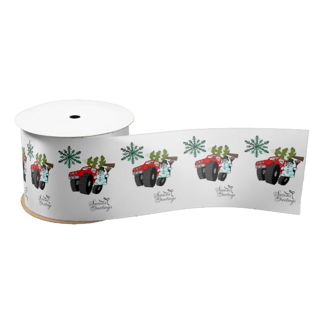 Seasons Greetings, Snowman Snowflake Truck Tree Satin Ribbon (Spool)