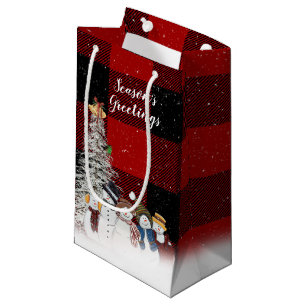 Season's Greetings snowmen on plaid Small Gift Bag