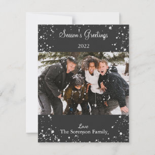 Seasons Greetings Snowy Photo Black White Script H Holiday Card