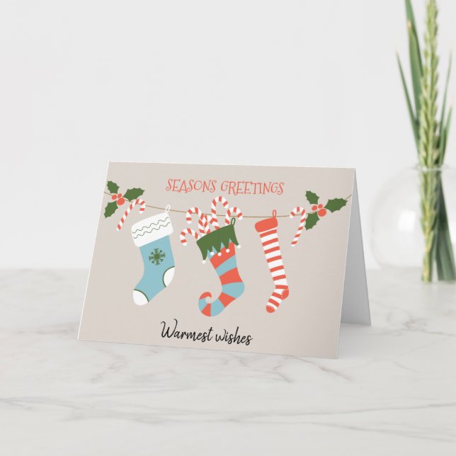 Season's Greetings | Socks With Sugar Cane & Gifts Holiday Card (Front)