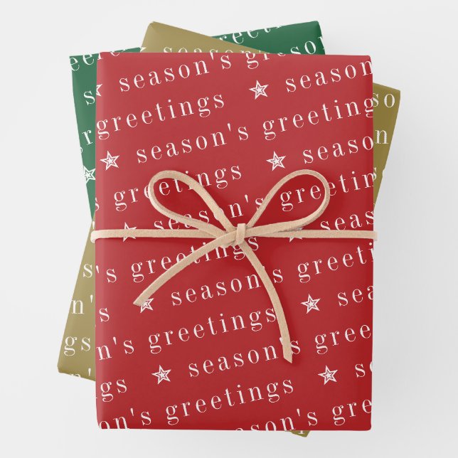 Season's Greetings Star Red Green Gold Christmas Wrapping Paper Sheet (In situ)