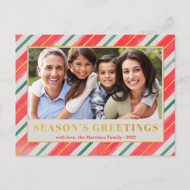 Season's Greetings Stripes Photo Christmas Holiday Postcard (Front)