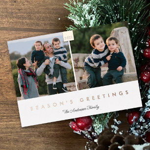 Season's Greetings Stylish Minimal 2 Photo Rose Foil Holiday Card