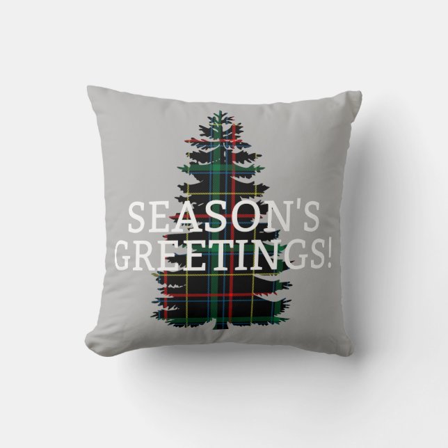 Season's Greetings Tartan Plaid Christmas Tree Throw Pillow (Front)