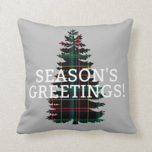 Season's Greetings Tartan Plaid Christmas Tree Throw Pillow