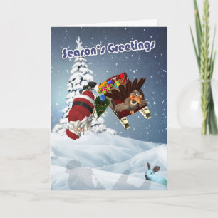 Season's Greetings, Turkey Stealing Santa's Sleigh Holiday Card