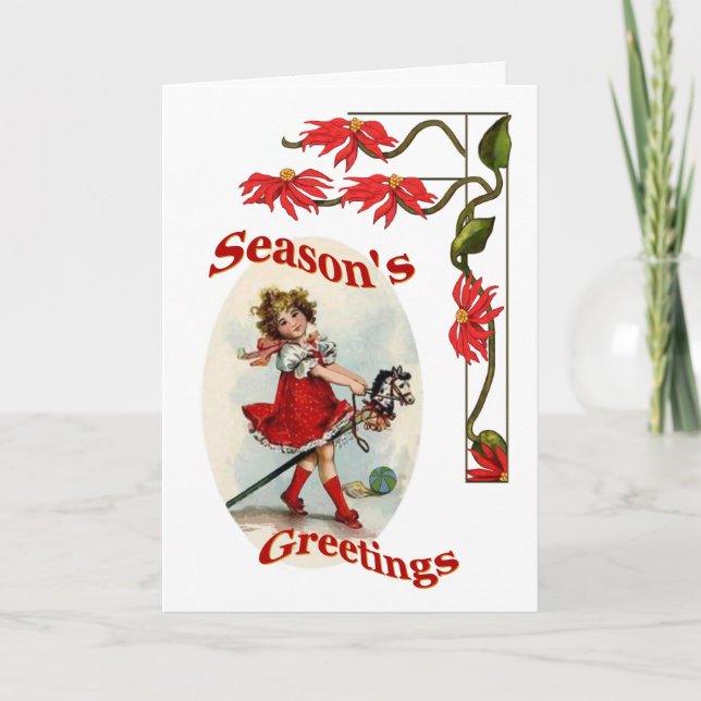 Seasons Greetings Vintage Girl & Poinsettias Holiday Card (Front)