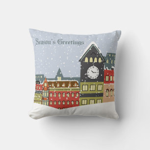 Season's Greetings Vintage Town Snow Scene Throw Pillow