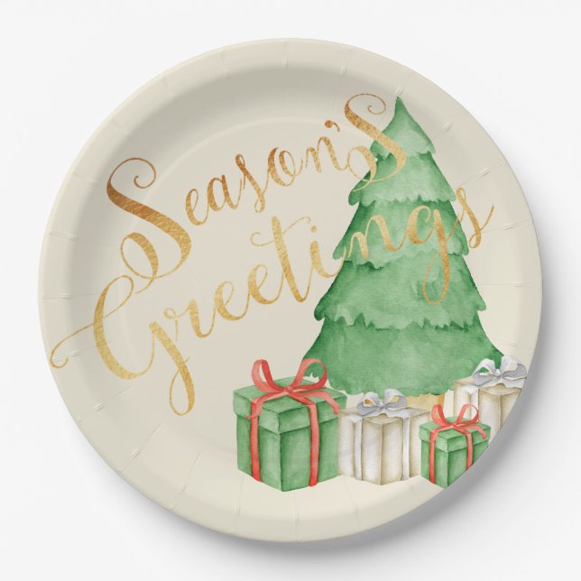 Seasons Greetings Watercolor Christmas Elegant Paper Plate (Front)