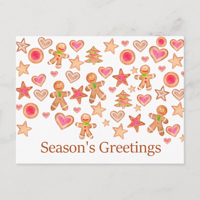 Season's Greetings watercolor gingerbread cookies Postcard (Front)