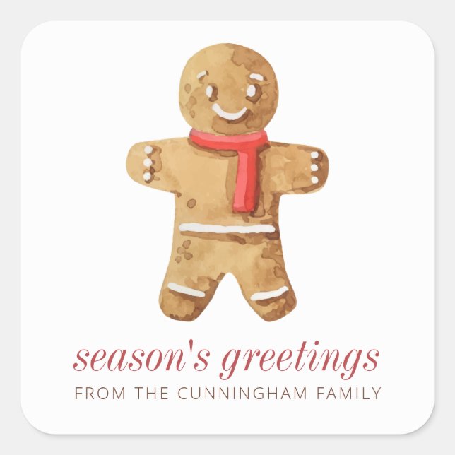 Season's Greetings Watercolor Gingerbread Man Square Sticker (Front)