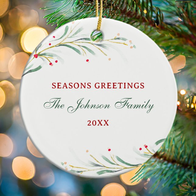 Seasons Greetings Watercolor Greenery Christmas Ceramic Ornament (Creator Uploaded)