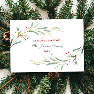 Seasons Greetings Watercolor Greenery Non Photo Holiday Card